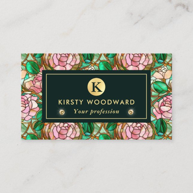 Elegant Pink  Rose Faux Stained Glass Pattern Business Card (Front)
