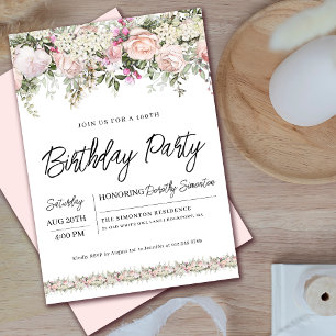Elegant Pink Rose Floral 100th Birthday Invitation