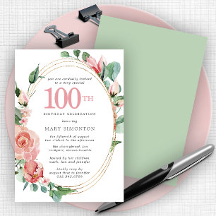 Elegant Pink Rose Floral 100th Birthday Party Invitation