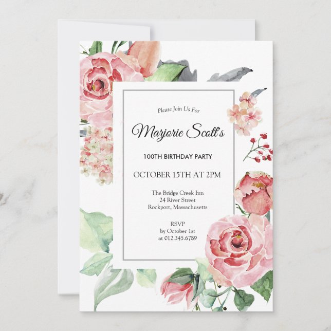 Elegant Pink Rose Floral 100th Birthday Party Invitation (Front)