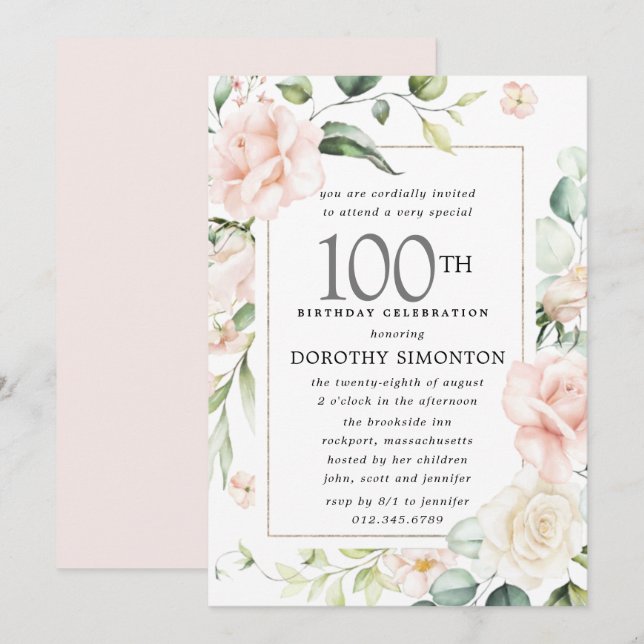 Elegant Pink Rose Floral 100th Birthday Party Invitation (Front/Back)