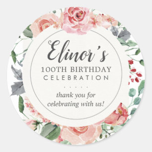 Elegant Pink Rose Floral 100th Birthday Thank You Classic Round Sticker