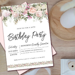 Elegant Pink Rose Floral 40th Birthday Invitation