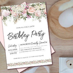 Elegant Pink Rose Floral 50th Birthday Invitation