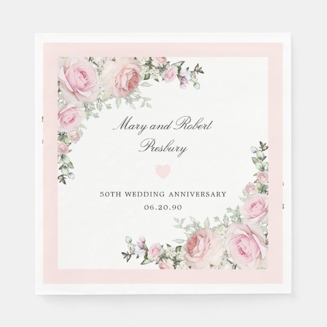 Elegant Pink Rose Floral 50th Wedding Anniversary Napkin (Front)