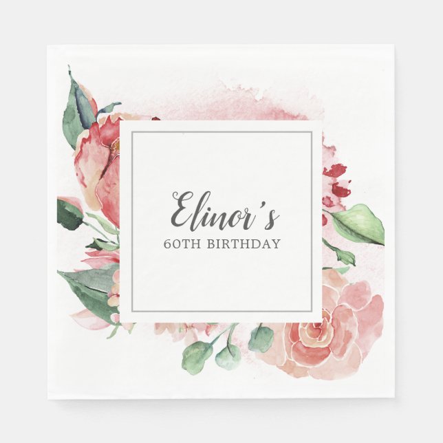 Elegant Pink Rose Floral 60th Birthday Napkin (Front)