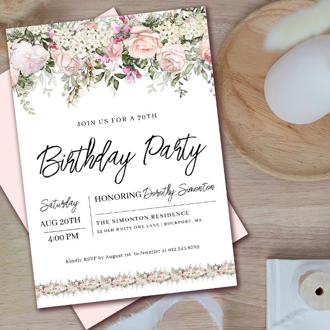 Elegant Pink Rose Floral 70th Birthday Invitation (Coordinating welcome signs and party supplies available. Message me for help finding them!)