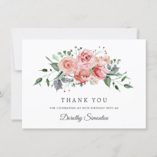 Elegant Pink Rose Floral 80th Birthday Flat Thank You Card