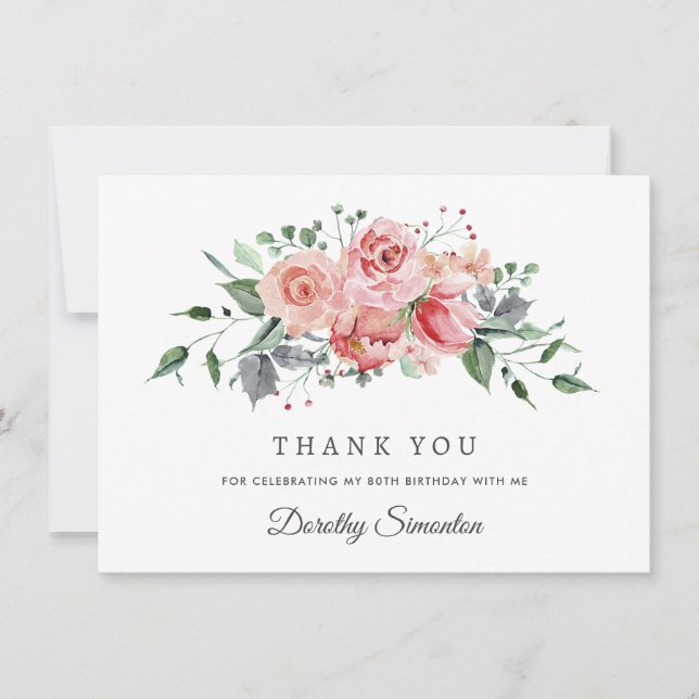 Elegant Pink Rose Floral 80th Birthday Flat Thank You Card (Front)