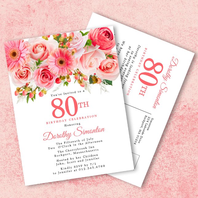 Elegant Pink Rose Floral 80th Birthday Invitation Postcard (Creator Uploaded)