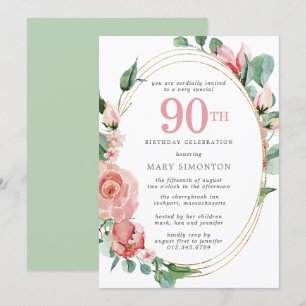 Elegant Pink Rose Floral 90th Birthday Party Invitation
