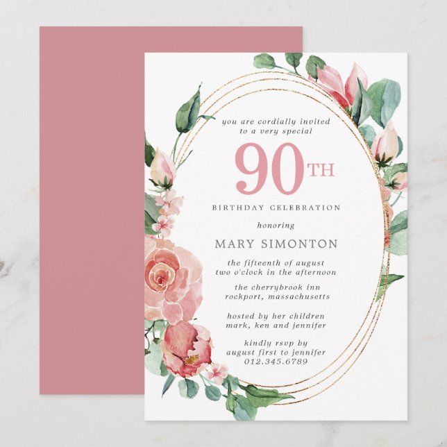 Elegant Pink Rose Floral 90th Birthday Party Invitation (Front/Back)