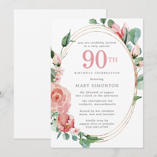 Elegant Pink Rose Floral 90th Birthday Party Invitation (Front/Back)