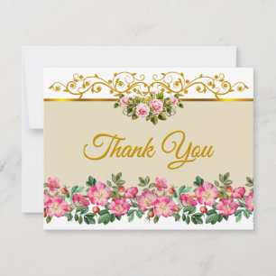 Elegant Pink Rose Floral and Gold "Thank You" Card