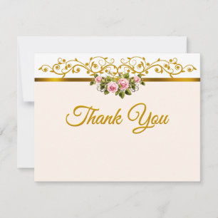 Elegant Pink Rose Floral and Gold "Thank You" Card