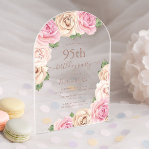 Elegant Pink Rose Floral Arch 95th Birthday Party Acrylic Invitations