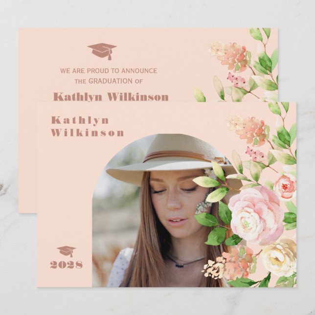Elegant Pink Rose Floral Arch Photo Graduation Announcement (Front/Back)