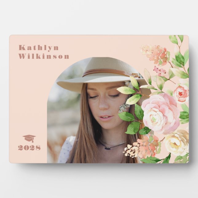 Elegant Pink Rose Floral Arch Photo Graduation Plaque (Front)