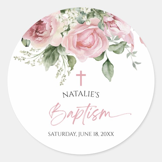 Elegant Pink Rose Floral Baptism Classic Round Sticker (Front)