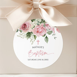 Elegant Pink Rose Floral Baptism Classic Round Sticker