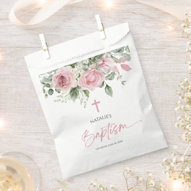 Elegant Pink Rose Floral Baptism Favour Bags (Clipped)