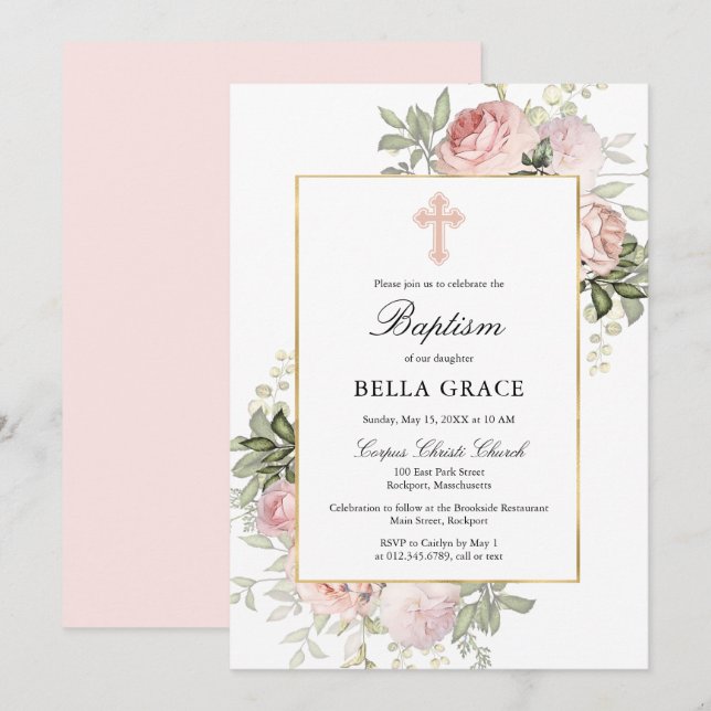 Elegant Pink Rose Floral Baptism Invitation (Front/Back)