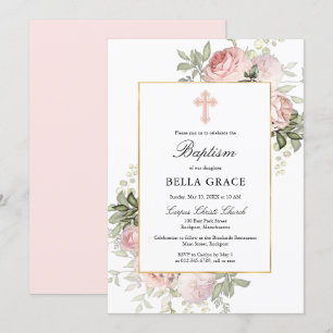 Elegant Pink Rose Floral Baptism Invitation