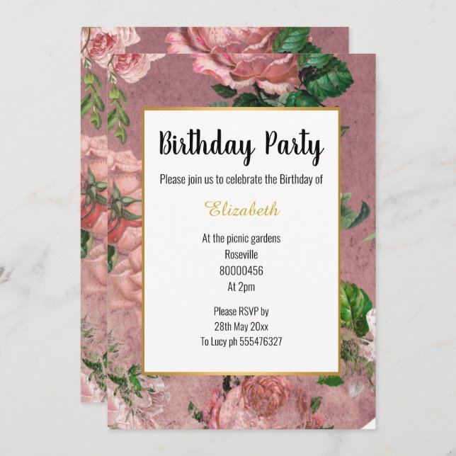 ELEGANT PINK ROSE FLORAL BIRTHDAY INVITATION (Front/Back)