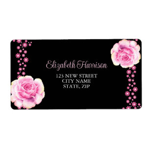 Elegant Pink Rose Floral Black Address