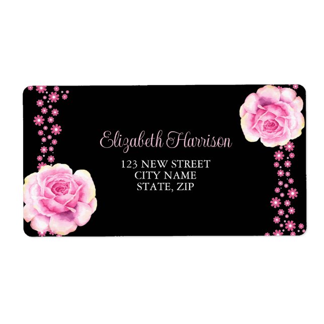 Elegant Pink Rose Floral Black Address (Front)