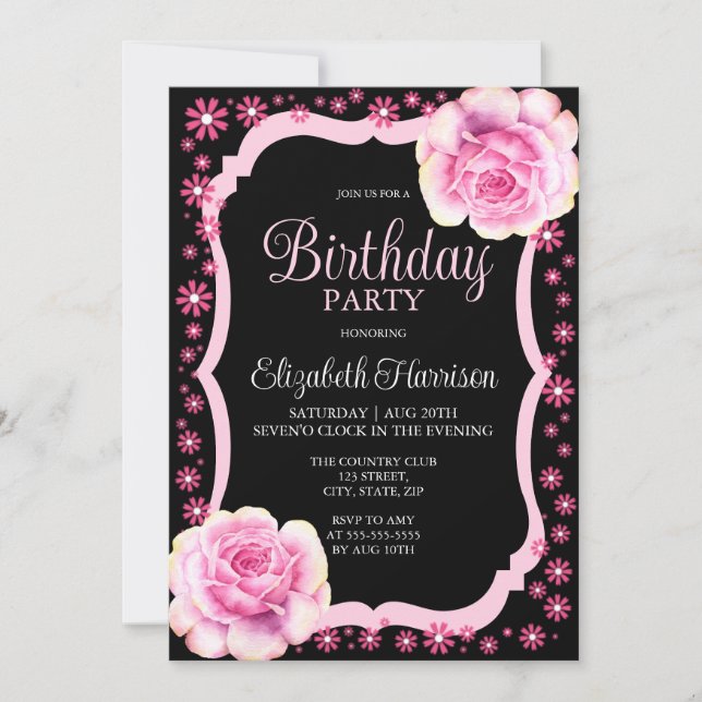 Elegant Pink Rose Floral Black Birthday Party Invitation (Front)