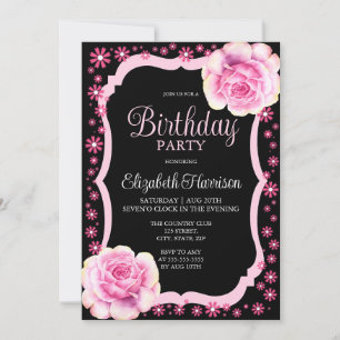 Elegant Pink Rose Floral Black Birthday Party Invitation