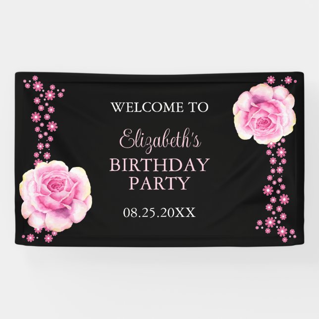 Elegant Pink Rose Floral Black Birthday Welcome Banner (Horizontal)