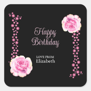 Elegant Pink Rose Floral Black Happy Birthday Square Sticker