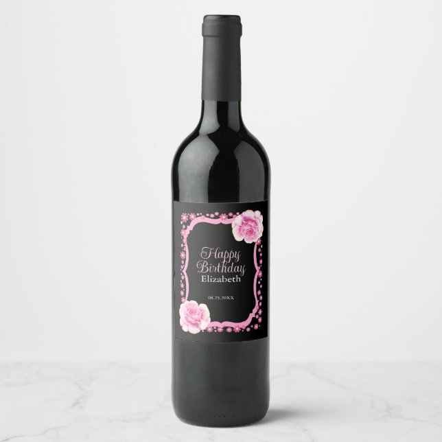 Elegant Pink Rose Floral Black Happy Birthday Wine Label (Front)