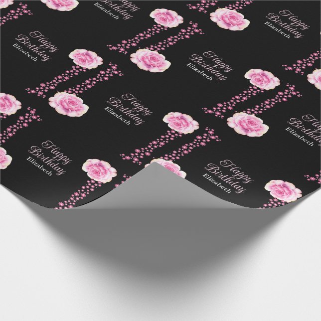 Elegant Pink Rose Floral Black Happy Birthday Wrapping Paper (Corner)