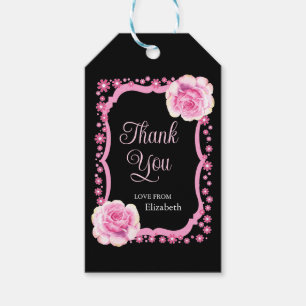 Elegant Pink Rose Floral Black Thank You Gift Tags