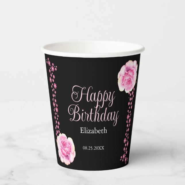 Elegant Pink Rose Floral Black Thank You Paper Cups (Back)