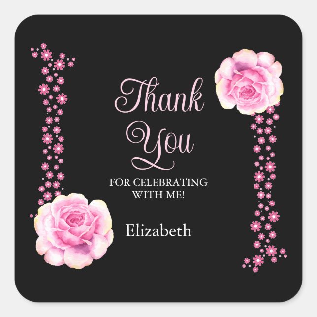 Elegant Pink Rose Floral Black Thank You Square Sticker (Front)