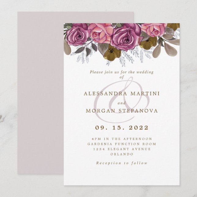 Elegant pink rose floral border script wedding invitation (Front/Back)