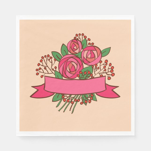 Elegant Pink Rose Floral Bouquet Napkin (Front)