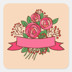 Elegant Pink Rose Floral Bouquet Square Sticker