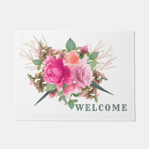 Elegant Pink Rose Floral Bouquet Welcome Doormat