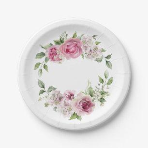 Elegant Pink Rose Floral Bridal Baby Shower Paper Plate