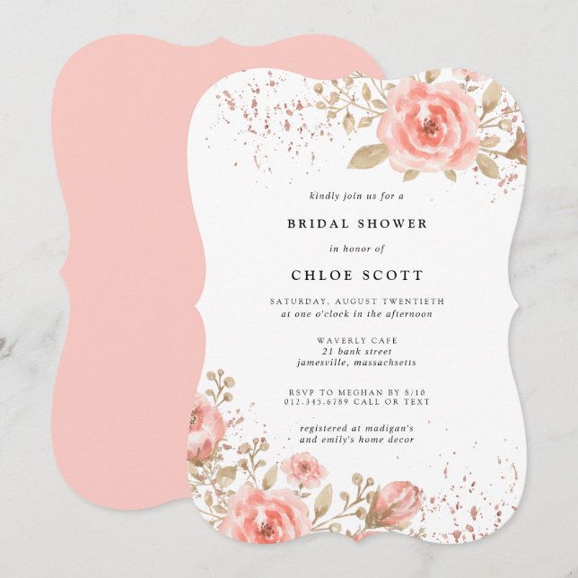 Elegant Pink Rose Floral Bridal Shower Invitation (Front/Back)