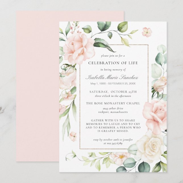 Elegant Pink Rose Floral Celebration of Life Invit Invitation (Front/Back)