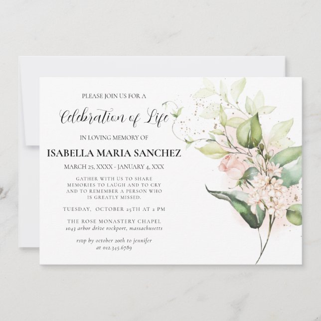 Elegant Pink Rose Floral Celebration of Life Invitation (Front)