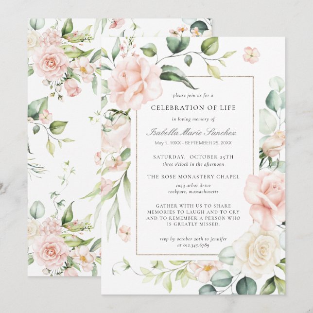 Elegant Pink Rose Floral Celebration of Life Invitation (Front/Back)