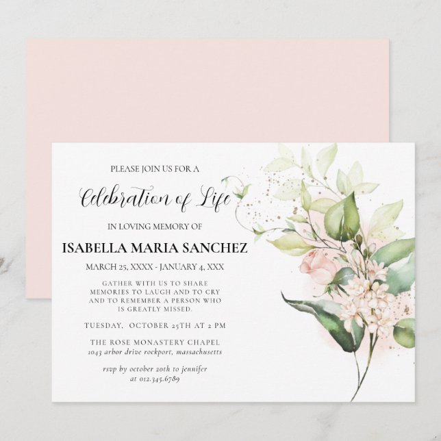 Elegant Pink Rose Floral Celebration of Life Invitation (Front/Back)