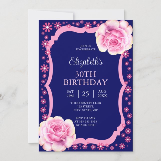 Elegant Pink Rose Floral Dark Blue 30th Birthday  Invitation (Front)